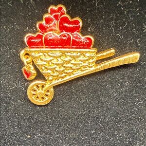 Avon Brooch 1.5 Inches Wheelbarrow Red Hearts Signed Vintage 1970-80s Valentines